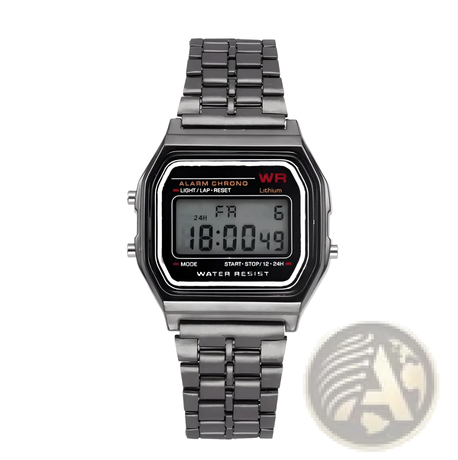 Silver digital stainless steel mens watch with black rectangular display showing time and day, silver-toned metal band and case