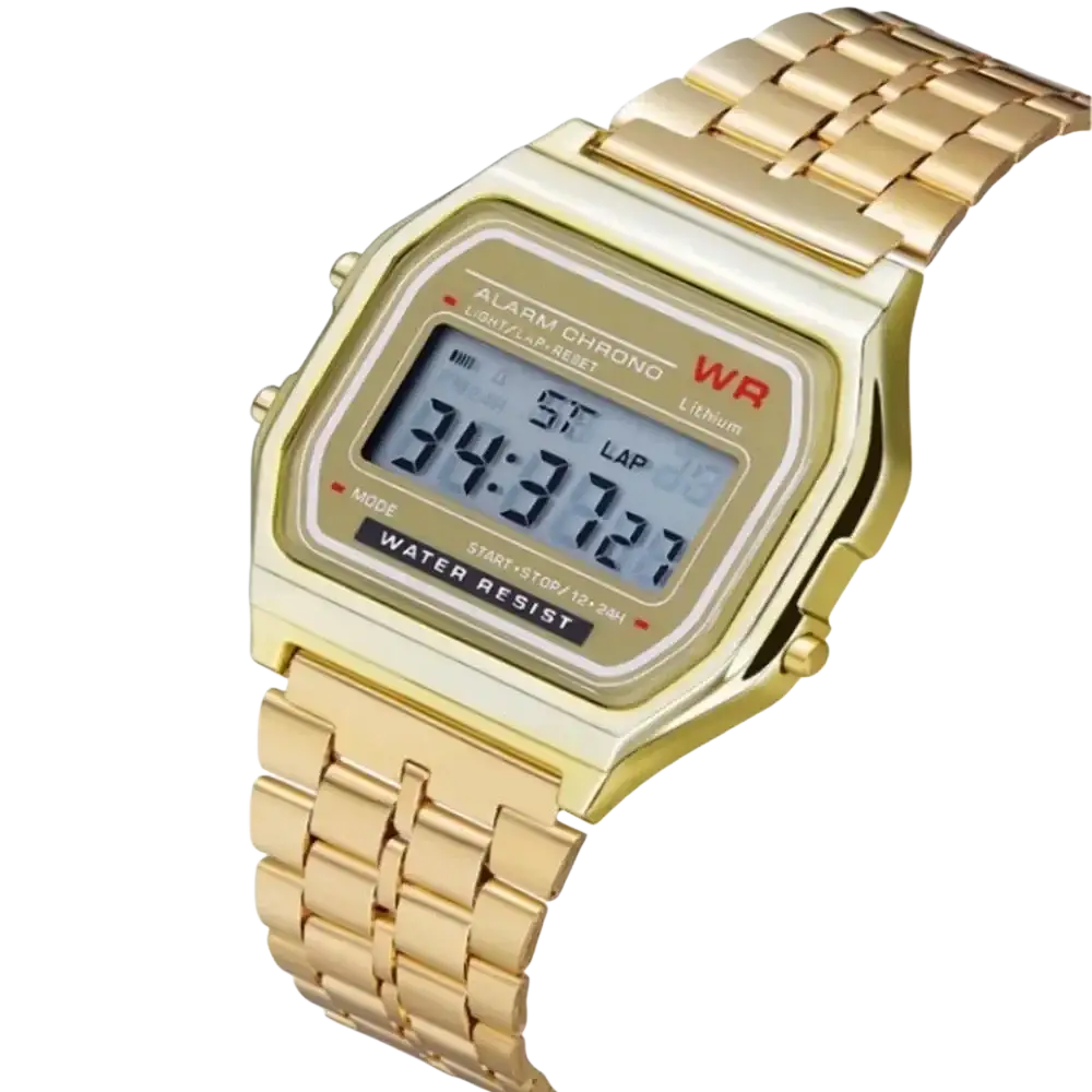 Gold-tone digital watch with rectangular face and matching metal bracelet featuring a retro design in stainless steel