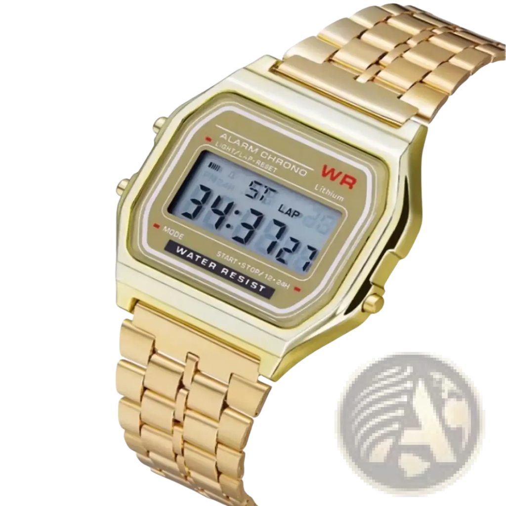 Gold-tone digital watch with rectangular face and matching metal bracelet featuring a retro design in stainless steel