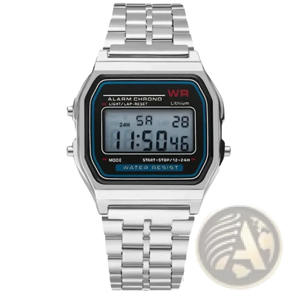 Silver digital stainless steel mens watch with rectangular face black display and blue and red accents