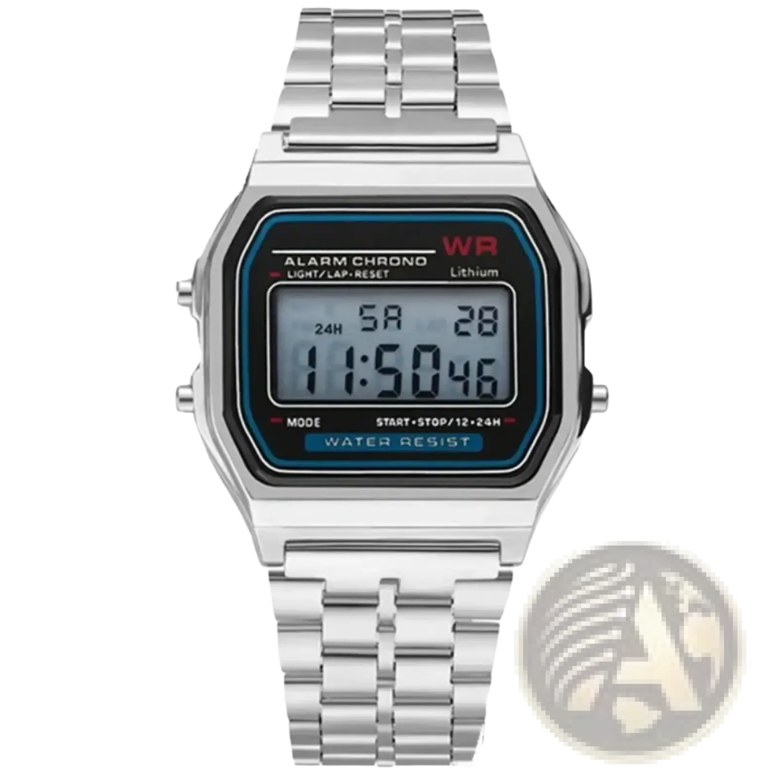 Silver digital stainless steel mens watch with rectangular face black display and blue and red accents