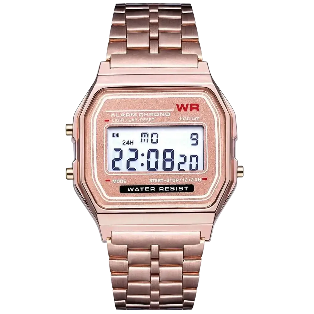 Rose gold digital men’s watch with rectangular face and matching metal bracelet in stainless steel design