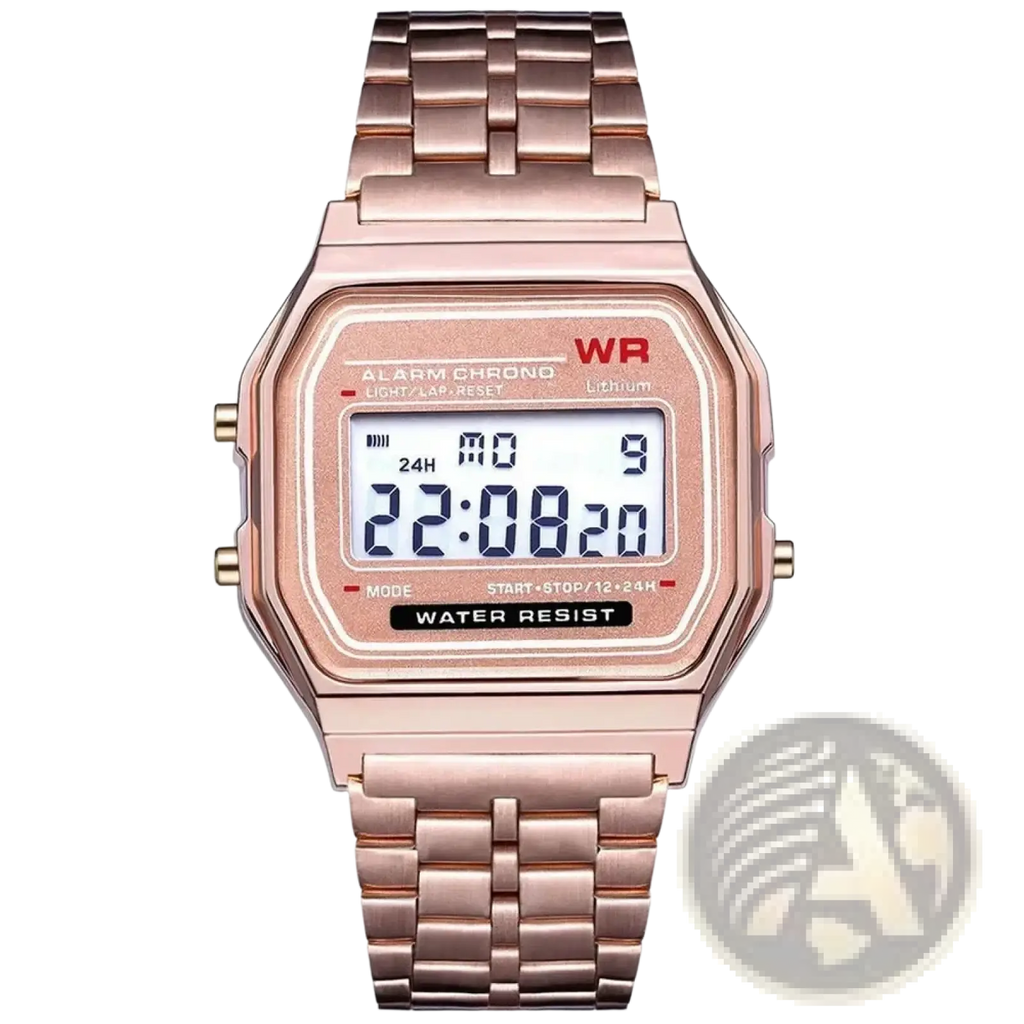 Rose gold digital men’s watch with rectangular face and matching metal bracelet in stainless steel design