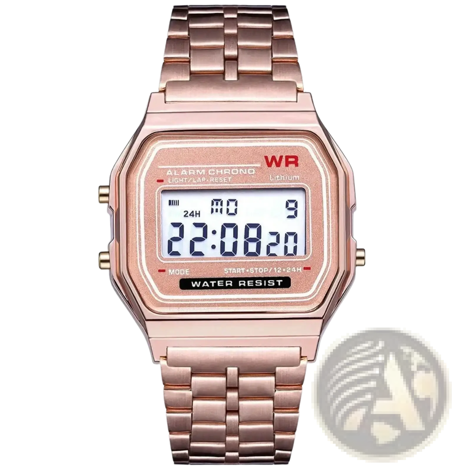Rose gold digital men’s watch with rectangular face and stainless steel link bracelet from Silver Digital collection