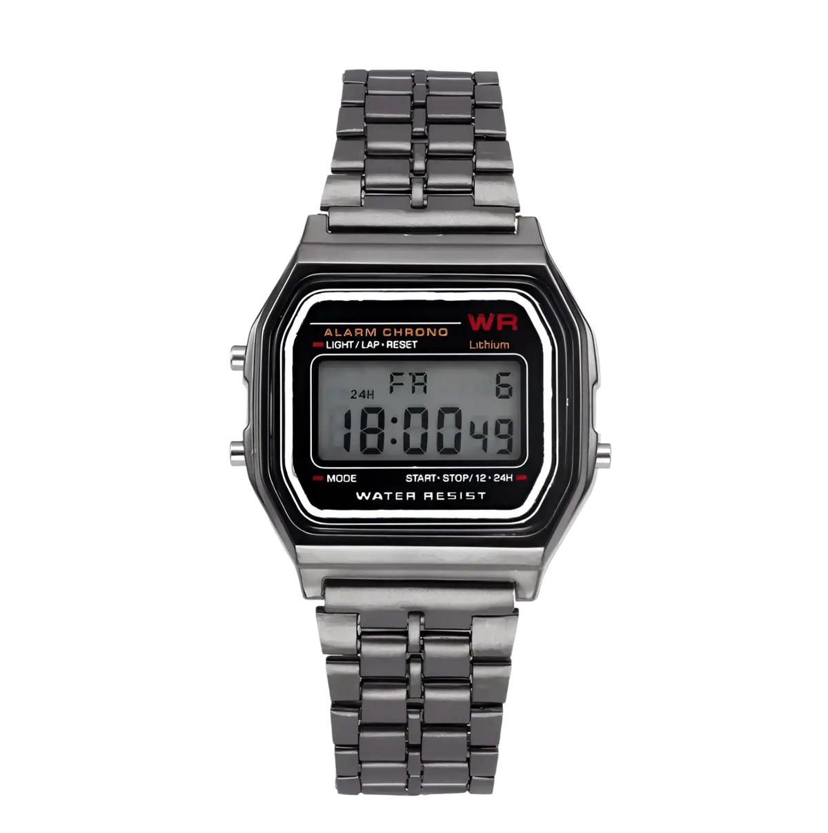 A sleek dark gray digital stainless steel mens watch with a rectangular face and metallic link bracelet