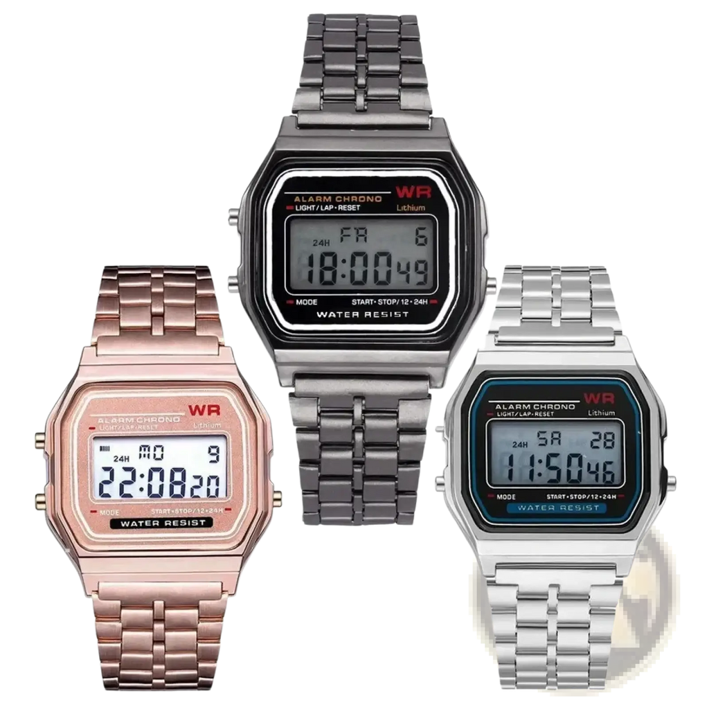 Three digital wristwatches with rectangular faces and metallic link bands in rose gold black and silver finishes
