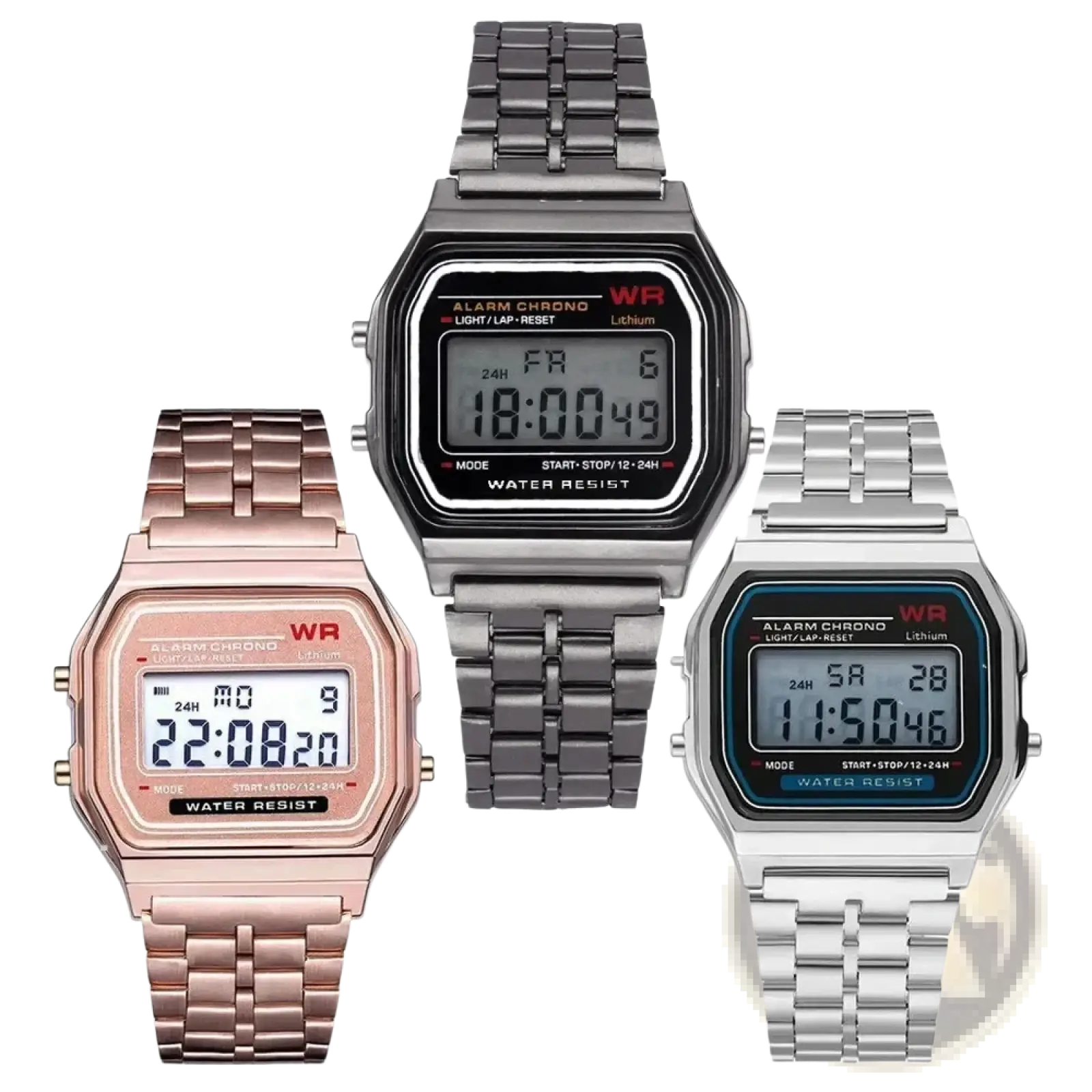 Three digital wristwatches with rectangular faces and metallic link bands in rose gold black and silver finishes