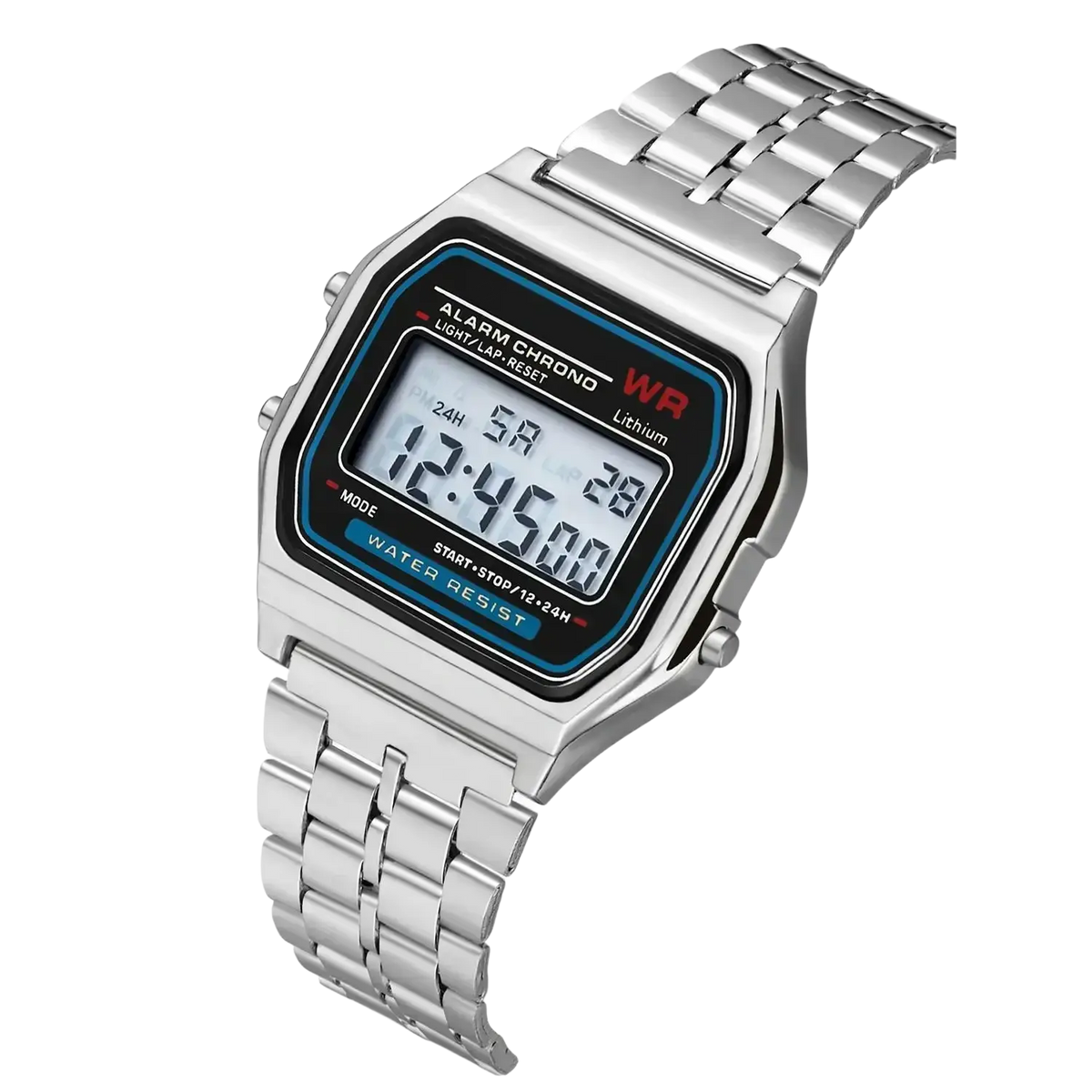 Silver digital stainless steel mens watch with rectangular face black display white numerals and blue accent trim