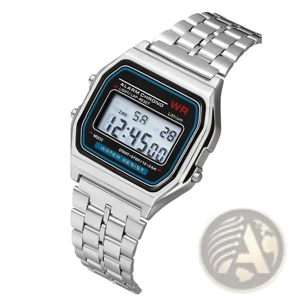 Silver digital stainless steel mens watch with rectangular face black display white numerals and blue accent trim