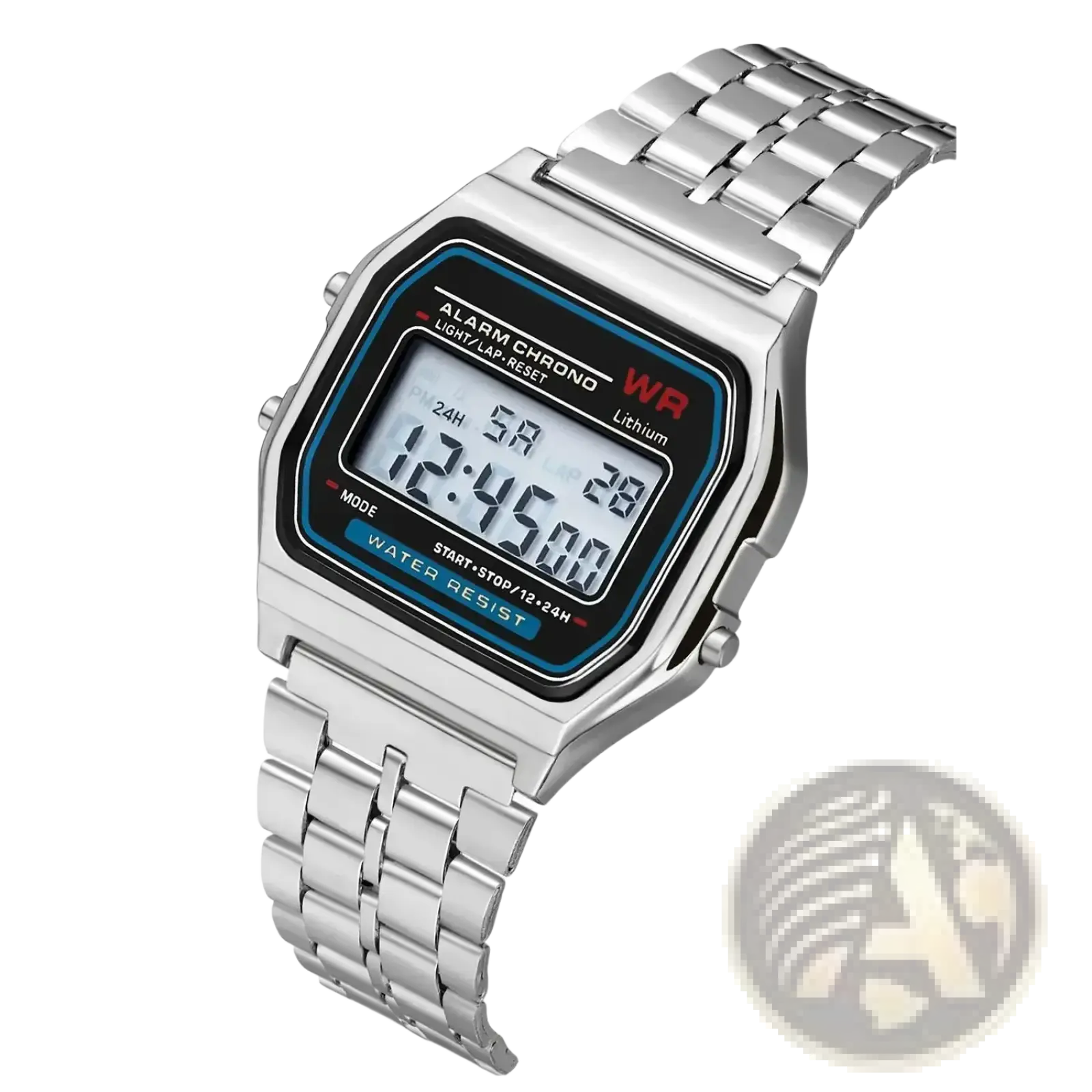Silver digital stainless steel mens watch with rectangular face black display white numerals and blue accent trim