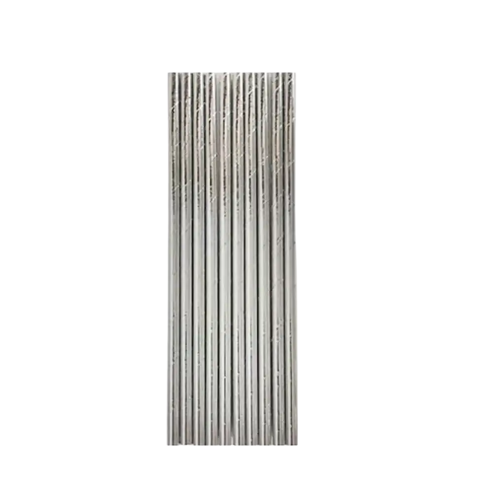 A set of 25 silver metallic welding electrodes with slender cylindrical shape and textured surface for welding use