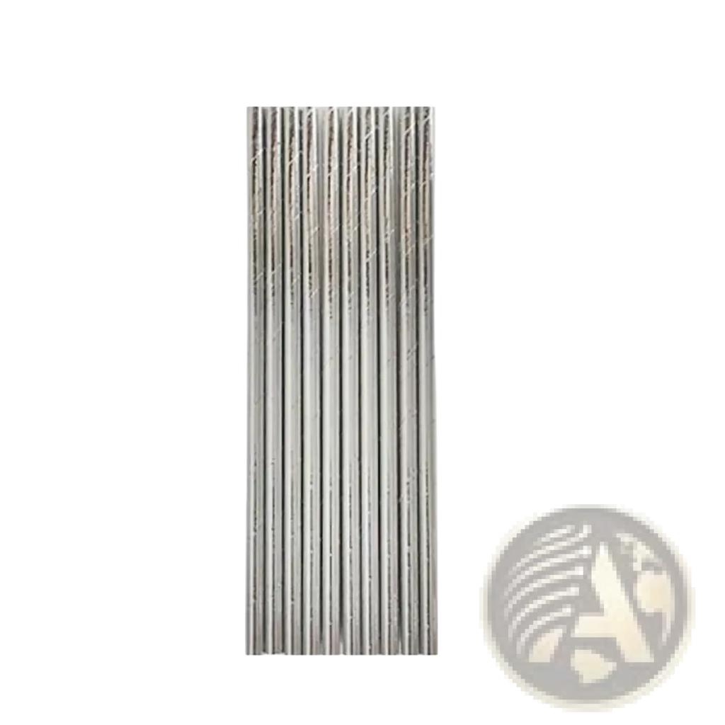 A set of 25 silver metallic welding electrodes with slender cylindrical shape and textured surface for welding use