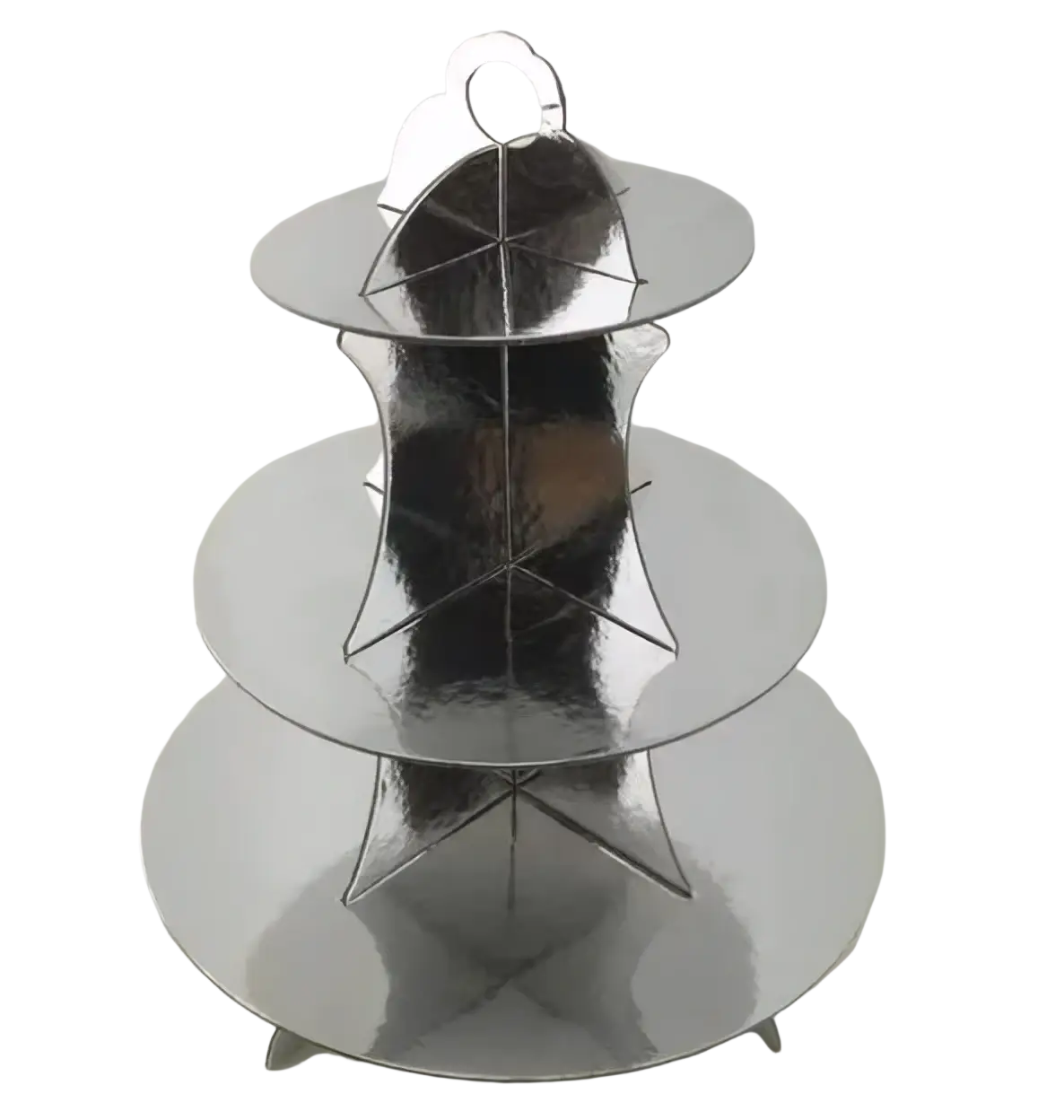 Silver disposable party tableware set featuring a silver metallic three-tiered cake stand with a top handle