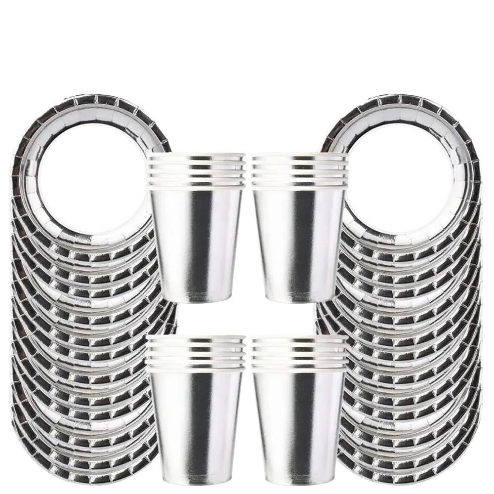 Silver disposable party tableware set featuring shiny silver foil paper plates and cups with a metallic finish in stacks