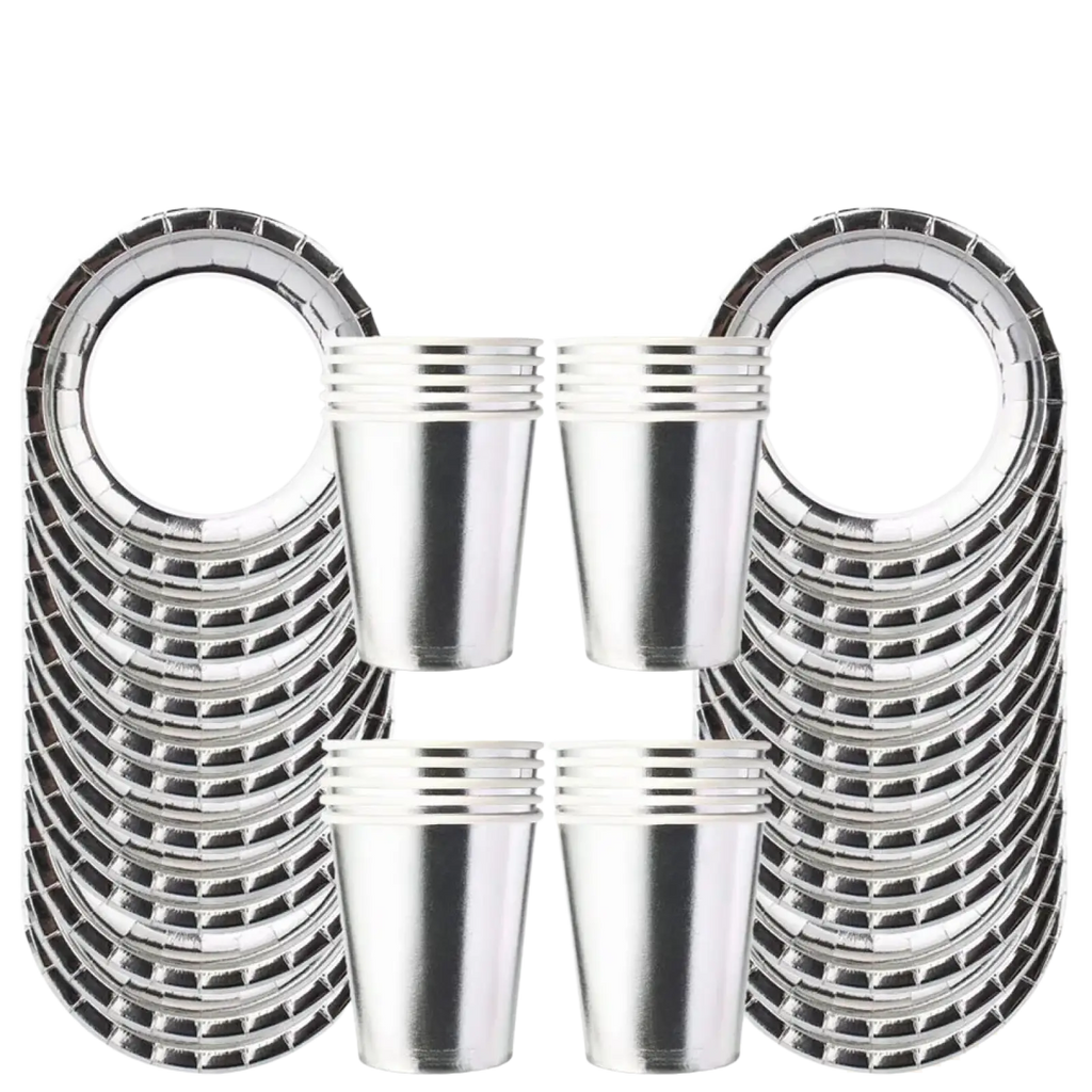 Silver disposable party tableware set featuring shiny silver foil paper plates and cups with a metallic finish in stacks