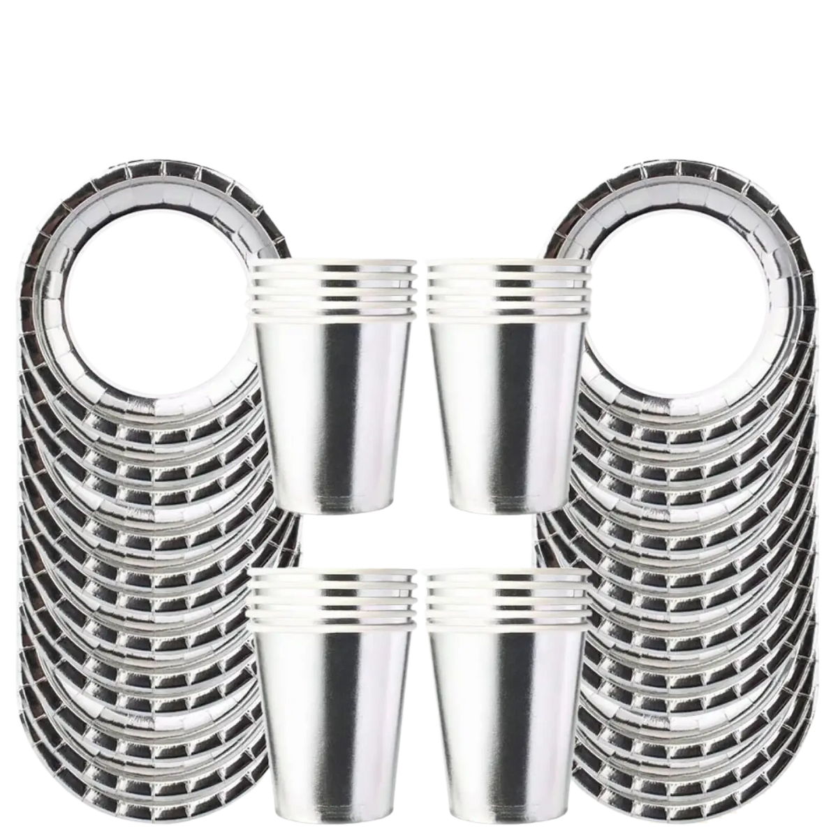Silver disposable party tableware set featuring shiny silver foil paper plates and cups with a metallic finish in stacks