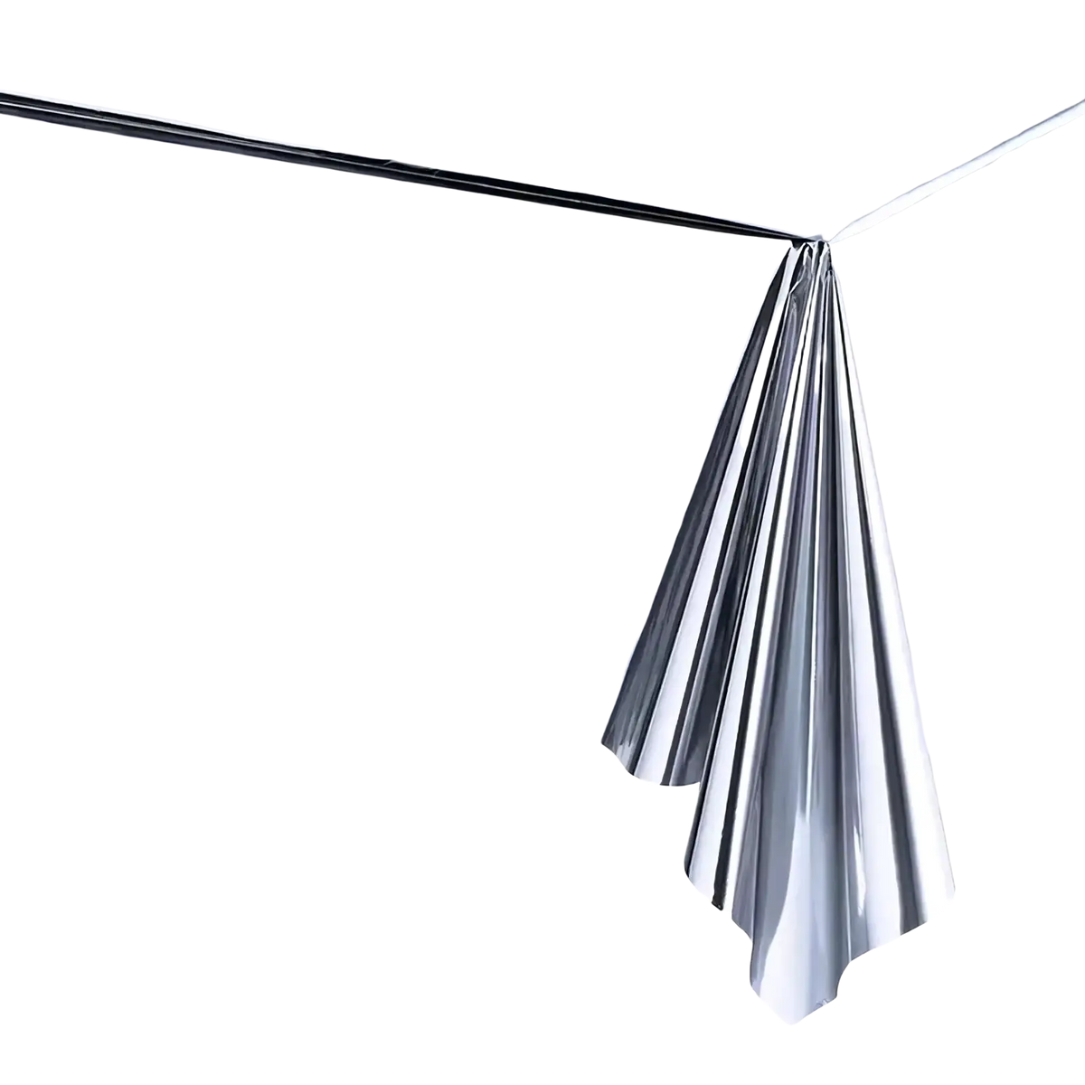 Silver disposable party tableware set featuring a shiny silver metallic tablecloth with a glossy reflective surface