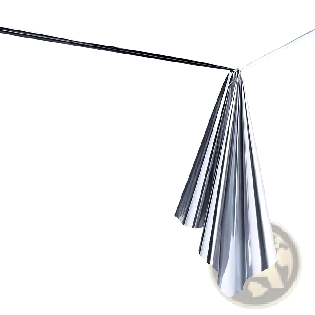 Silver disposable party tableware set featuring a shiny silver metallic tablecloth with a glossy reflective surface
