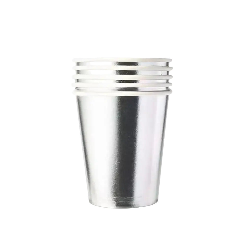 Stack of ten shiny silver metallic disposable paper cups from silver disposable party tableware set