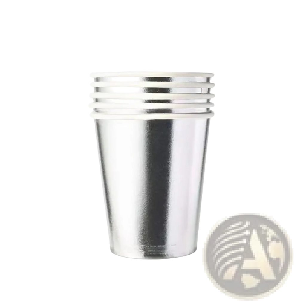 Stack of ten shiny silver metallic paper cups from a silver disposable party tableware set