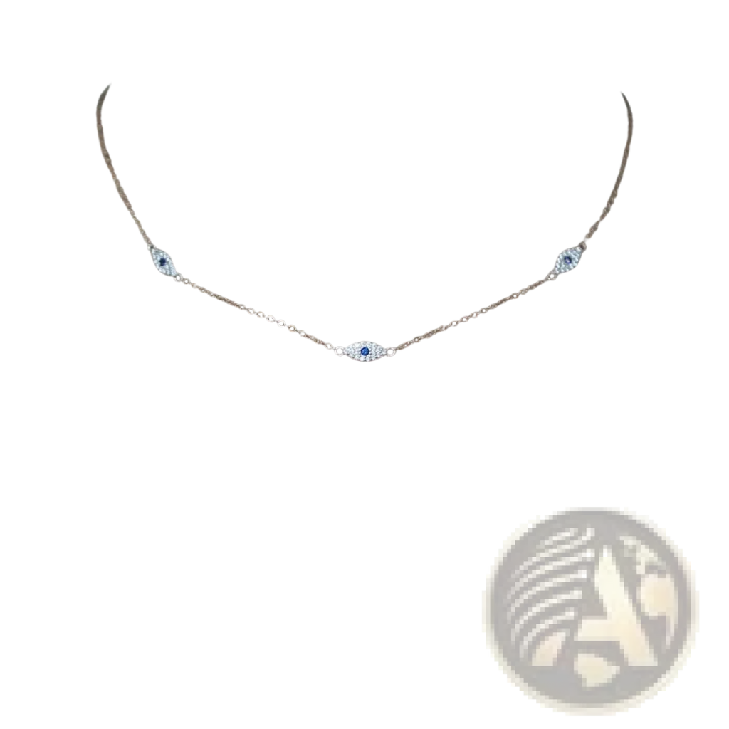 Silver evil eye charm necklace with three blue center stones surrounded by clear cz crystals on a silver chain