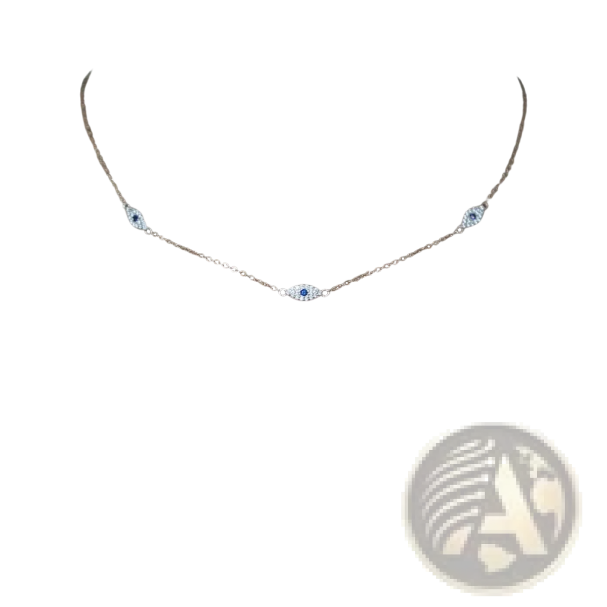 Silver evil eye charm necklace with three blue center stones surrounded by clear cz crystals on a silver chain