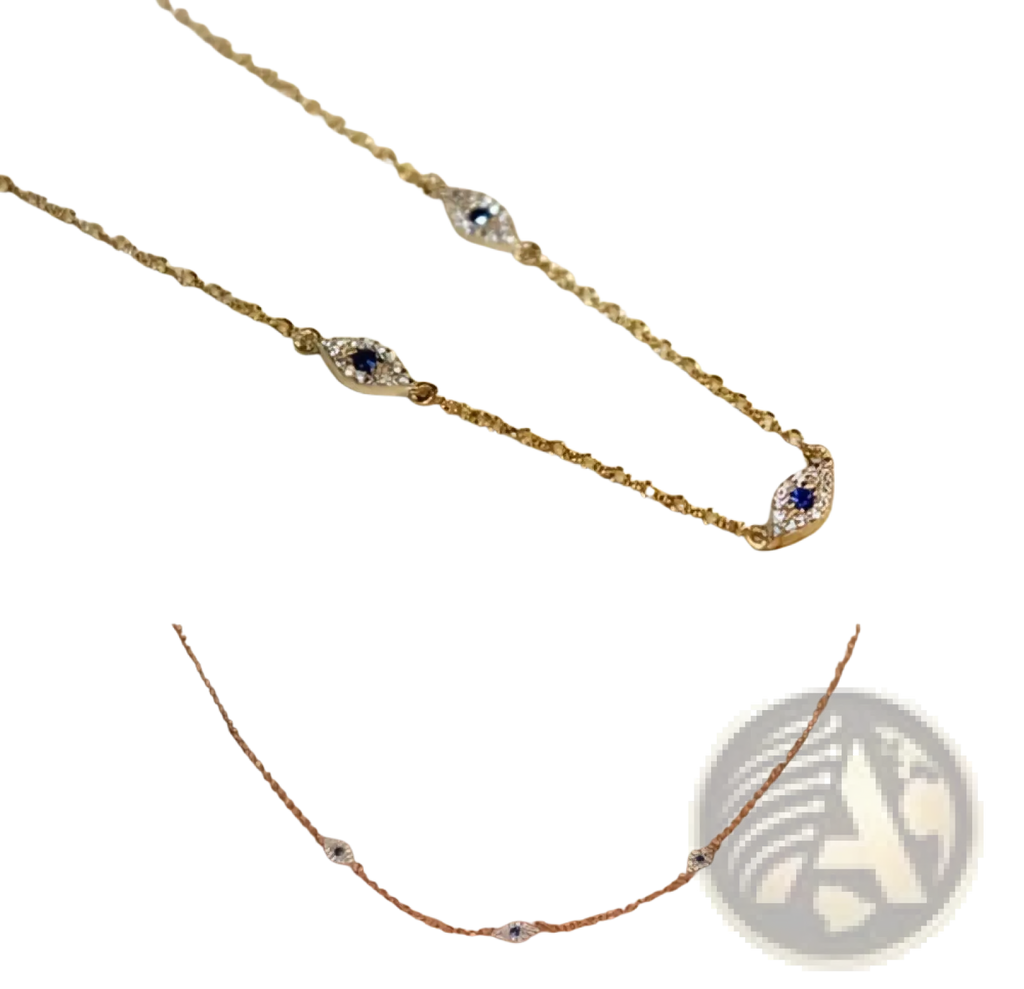 Delicate gold-toned necklace with three blue gemstone evil eye charms and cz crystal accents on a sleek chain