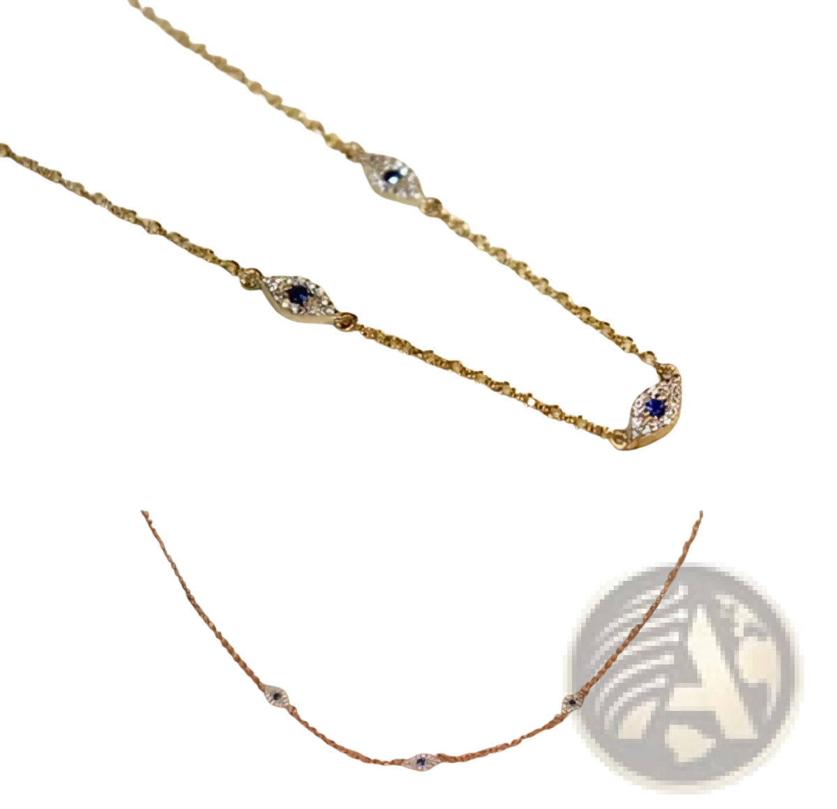 Delicate gold-toned necklace with three blue gemstone evil eye charms and cz crystal accents on a sleek chain
