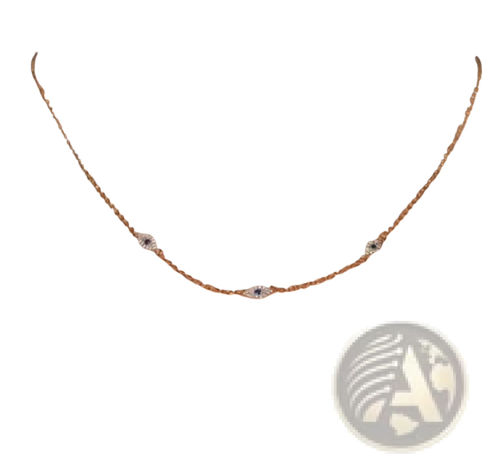 A delicate silver chain necklace with three small sparkling cz crystal evil eye charms in gold accents