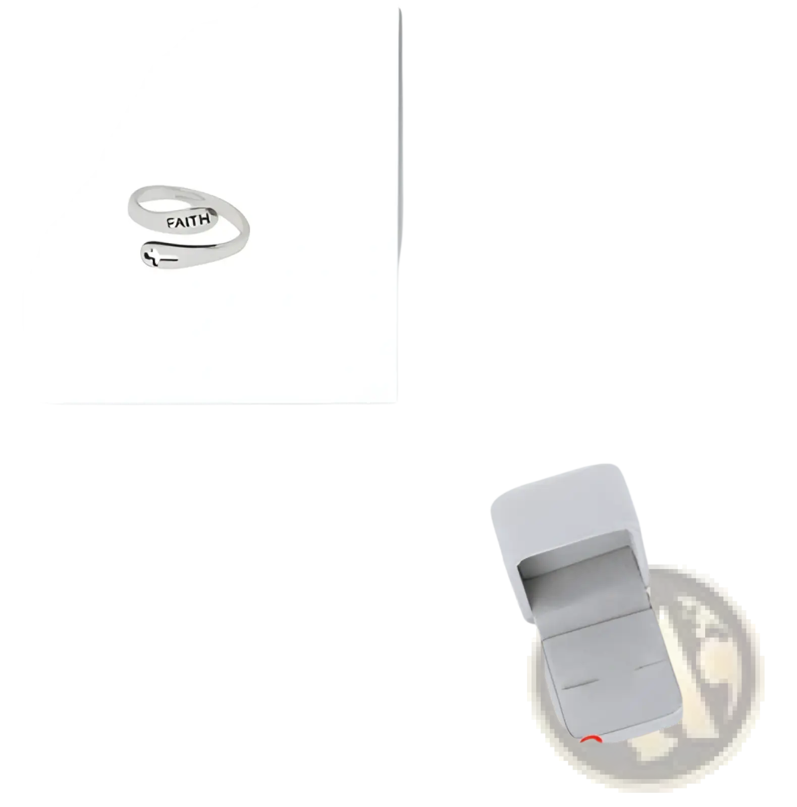 Silver faith cross wrap ring with adjustable band featuring a cross engraving on a polished silver surface