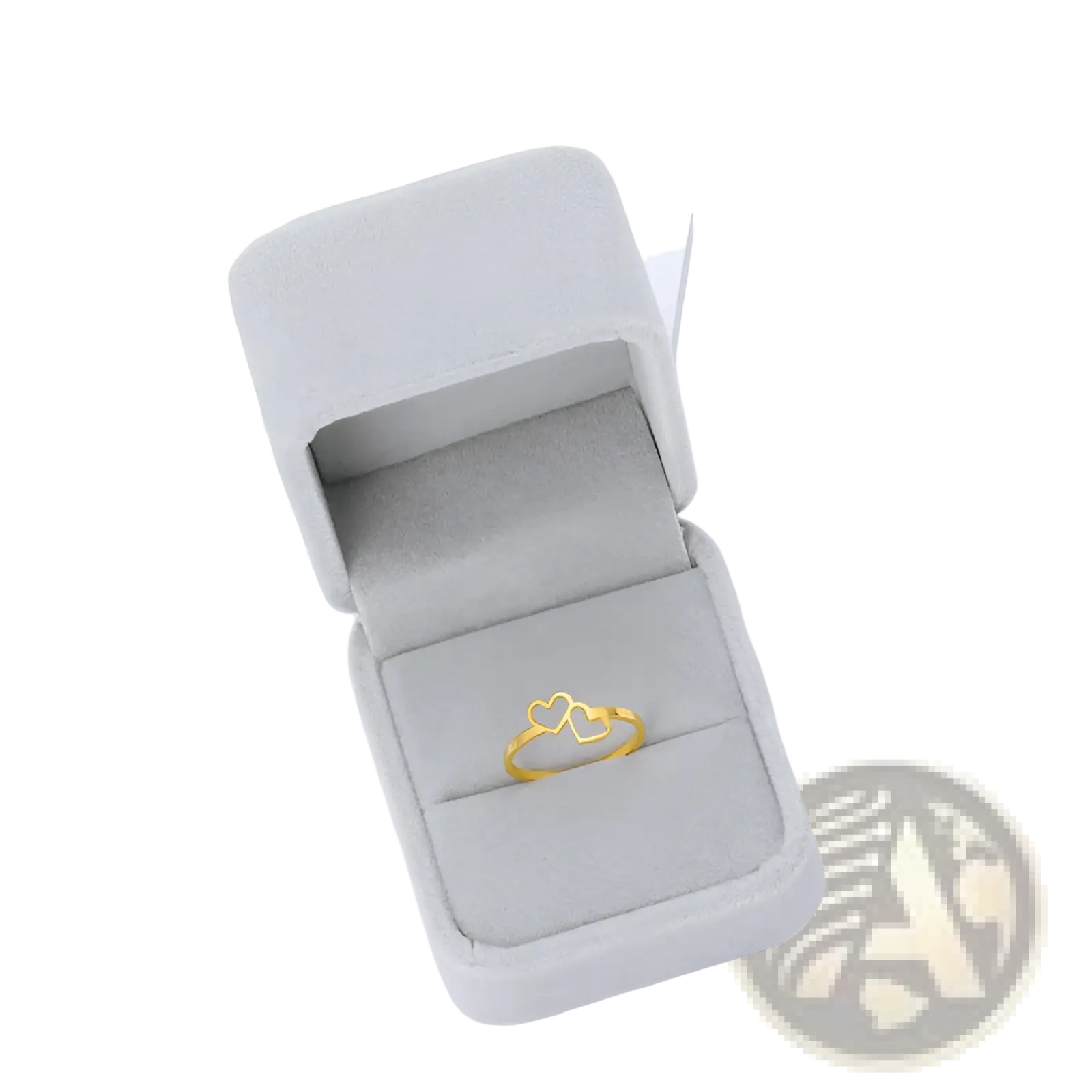 Silver faith cross wrap ring with adjustable band in gold featuring two interlocking hearts in gray velvet box