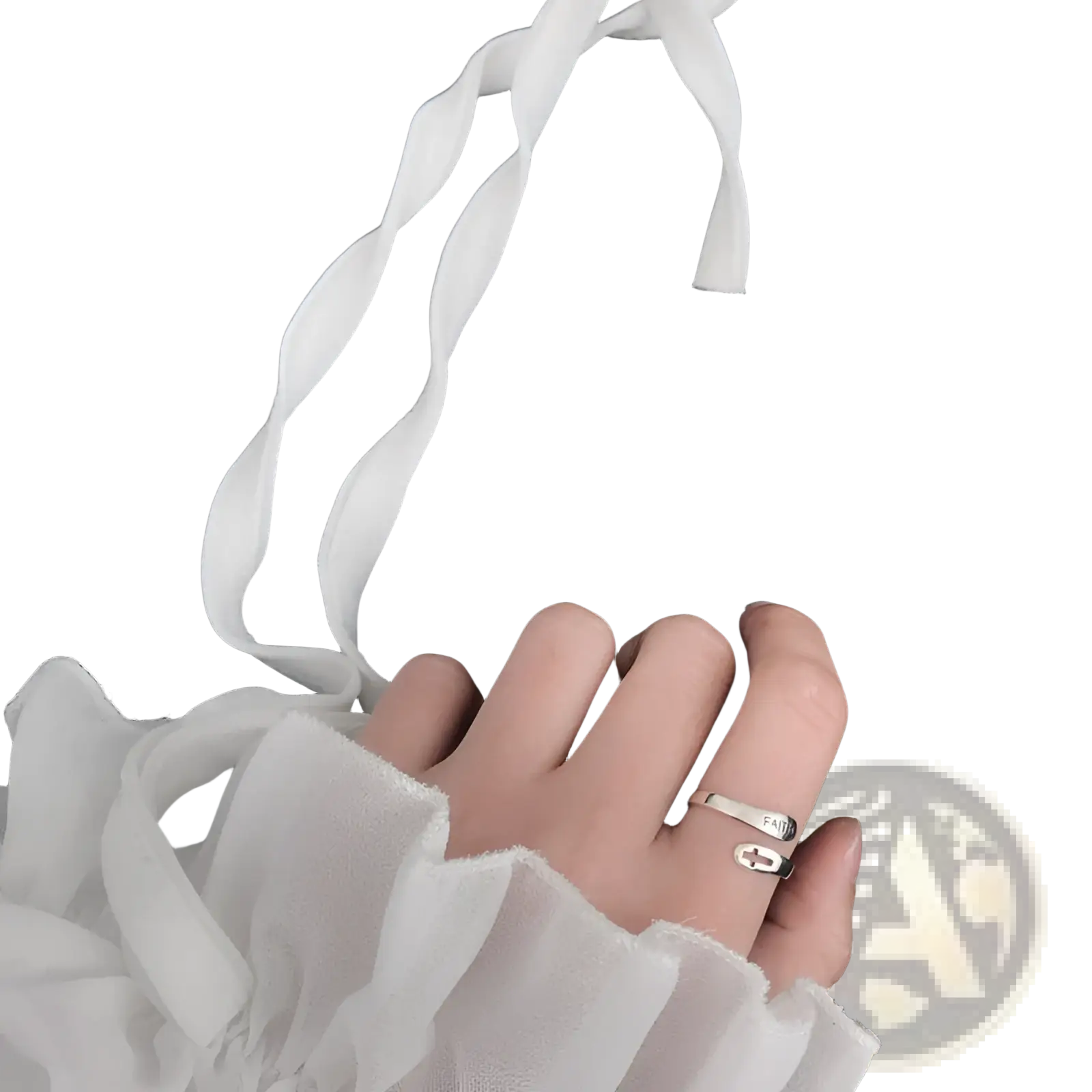 Silver faith cross wrap ring with adjustable band featuring a sleek silver open-ended minimalist cross design and engraved text worn on a finger