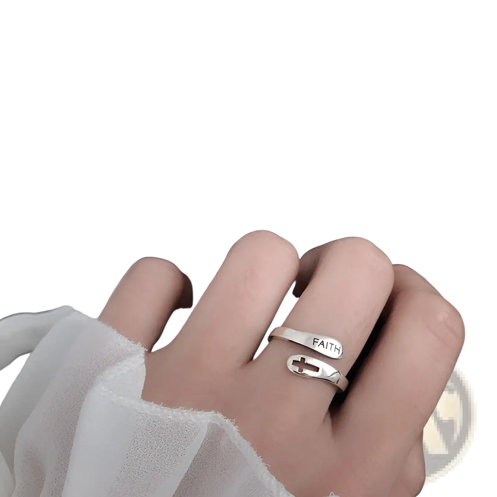 Silver faith cross wrap ring with adjustable band featuring a cross design in polished silver finish