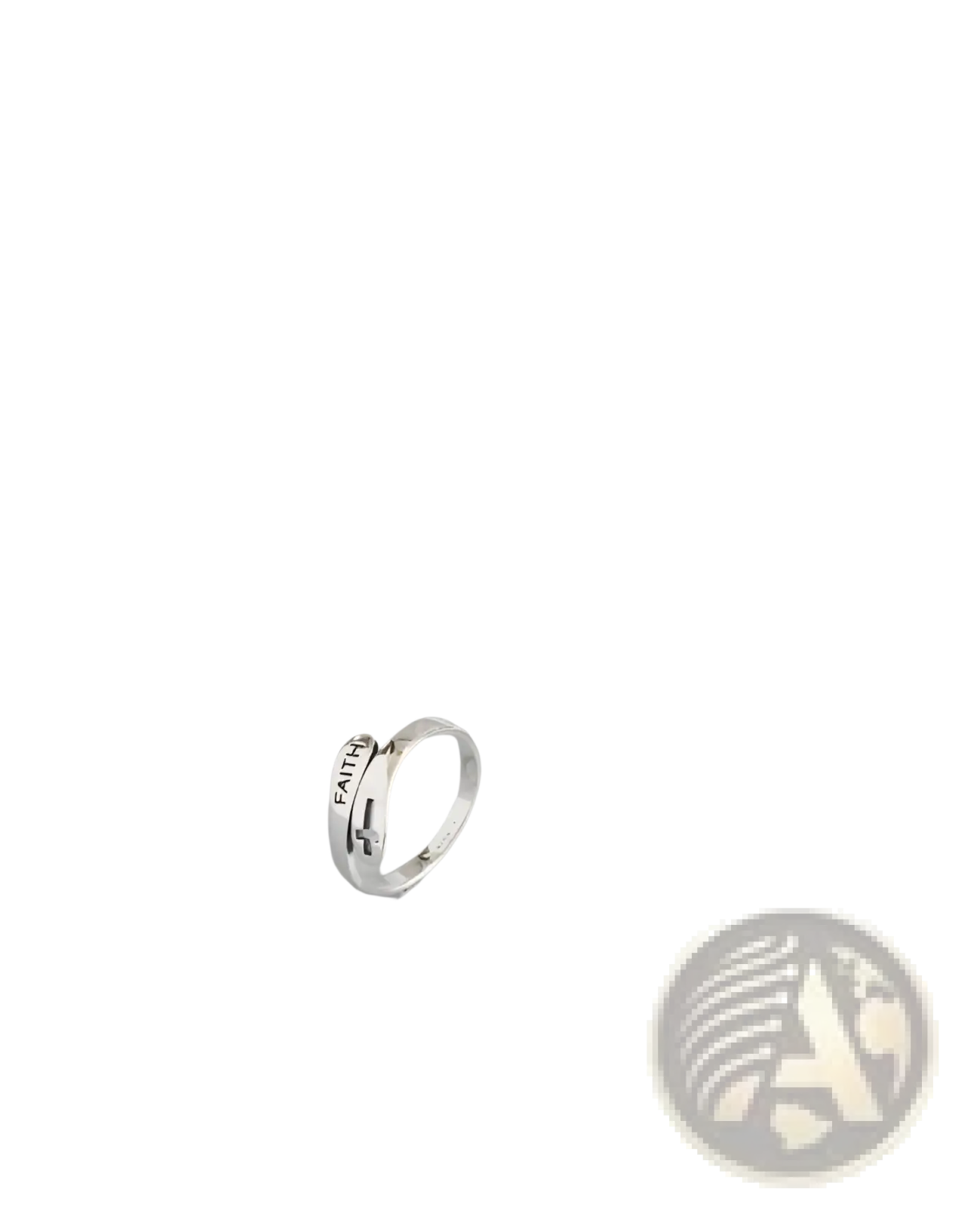 Silver faith cross wrap ring with adjustable band featuring a cross design and engraved text in silver