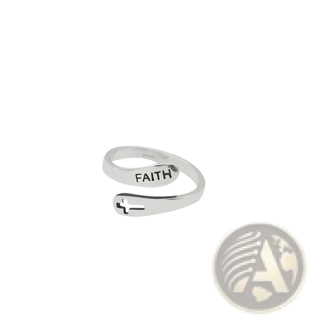 Silver faith cross wrap ring with adjustable band featuring engraved faith and cut-out cross design