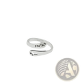 Silver faith cross wrap ring with adjustable band featuring engraved faith and cut-out cross design