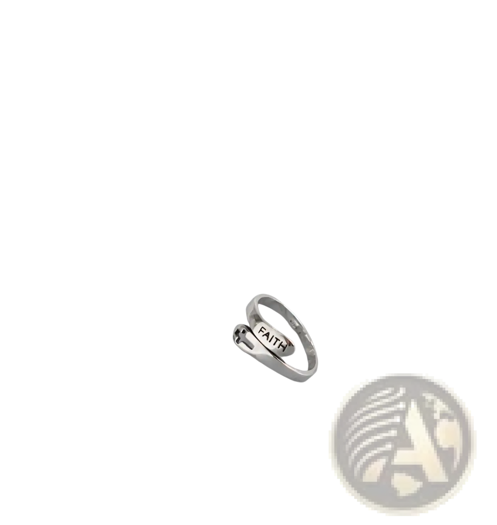 A sleek silver adjustable cross wrap ring with faith engraved on its band in polished metal finish