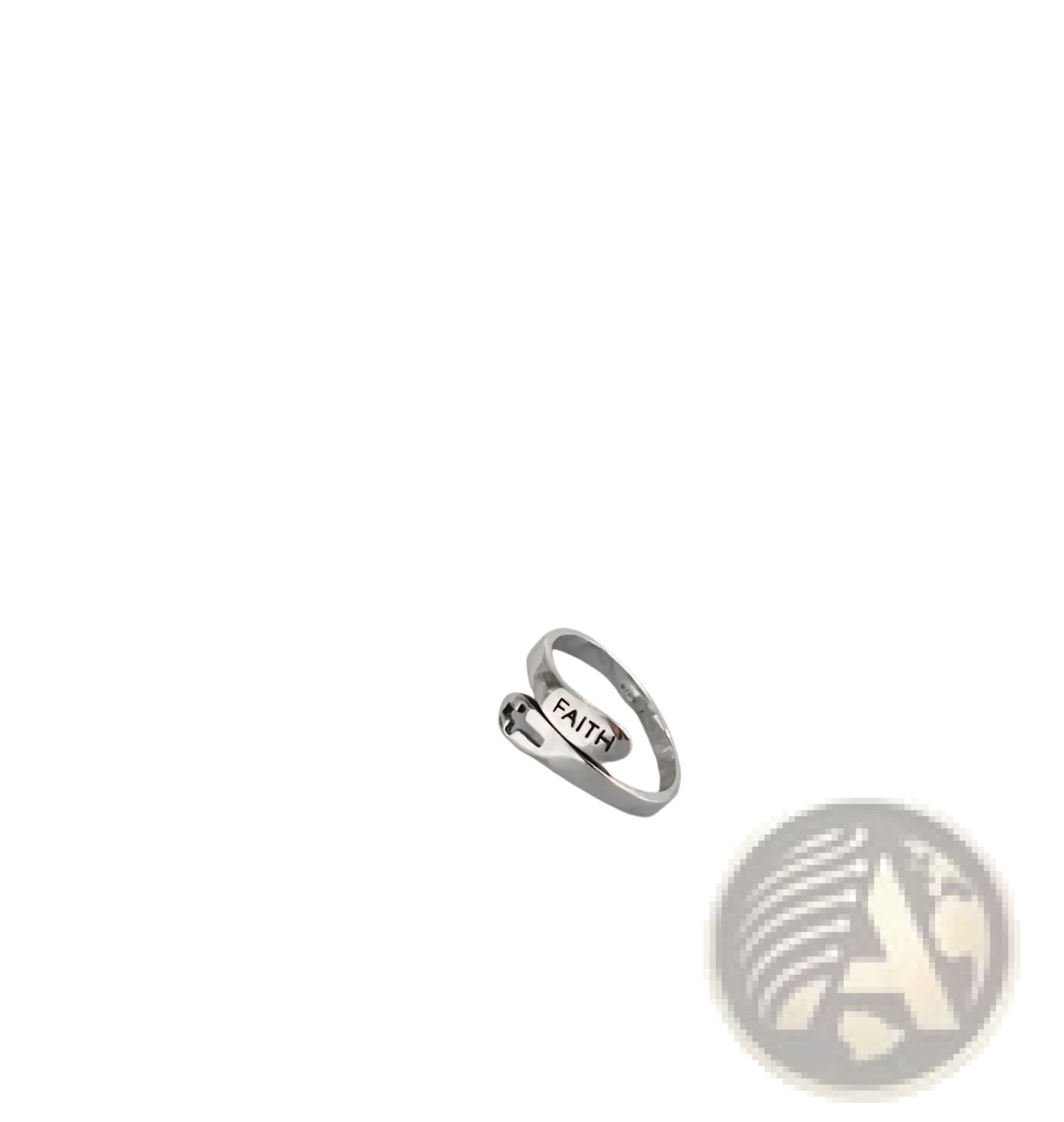 A sleek silver adjustable cross wrap ring with faith engraved on its band in polished metal finish