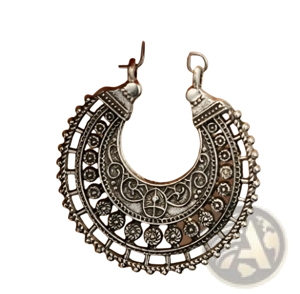 Silver filigree mandala crescent hoop earrings with intricate detailing and beaded edges in silver tone