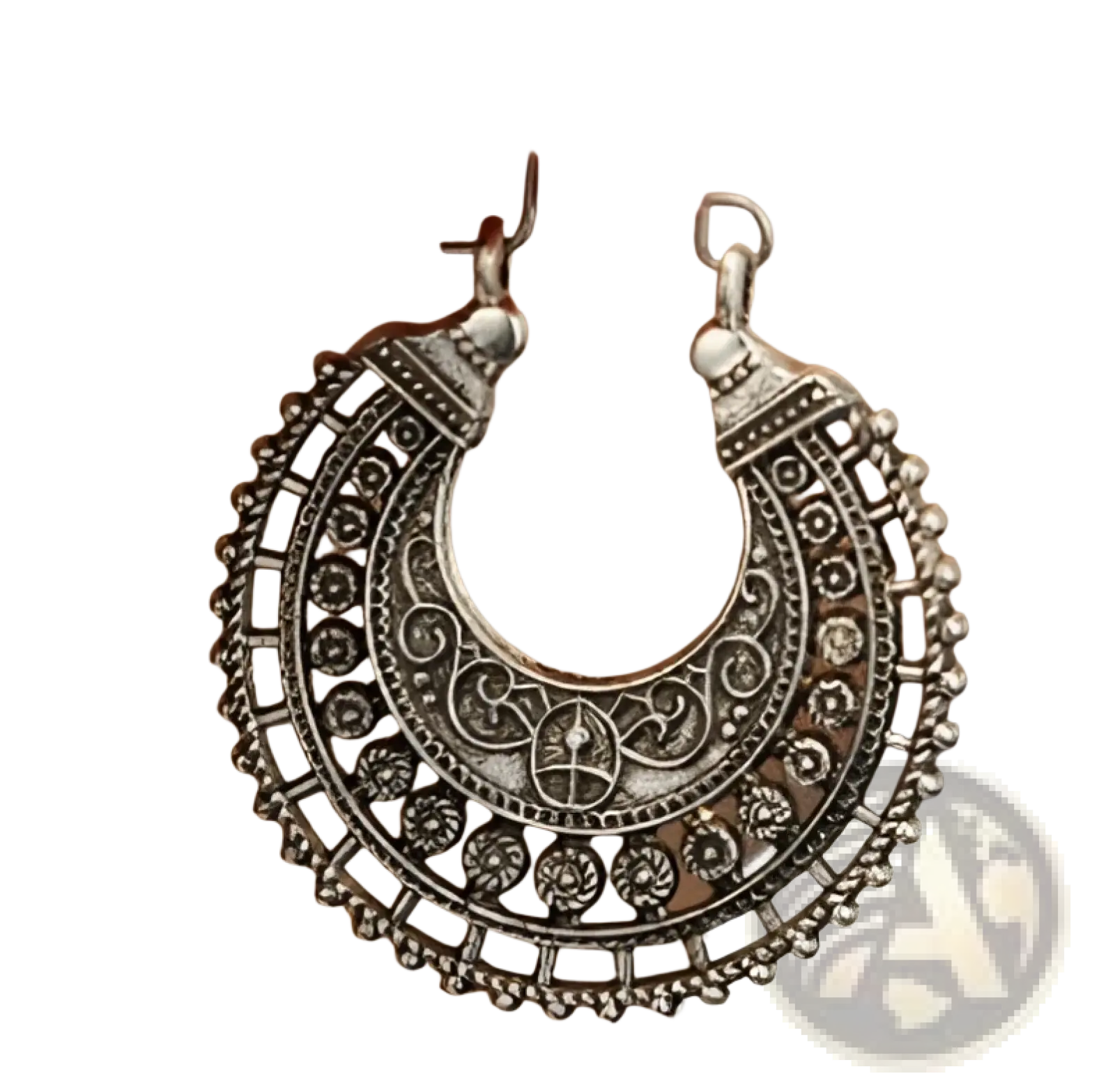 Silver filigree mandala crescent hoop earrings with intricate detailing and beaded edges in silver tone