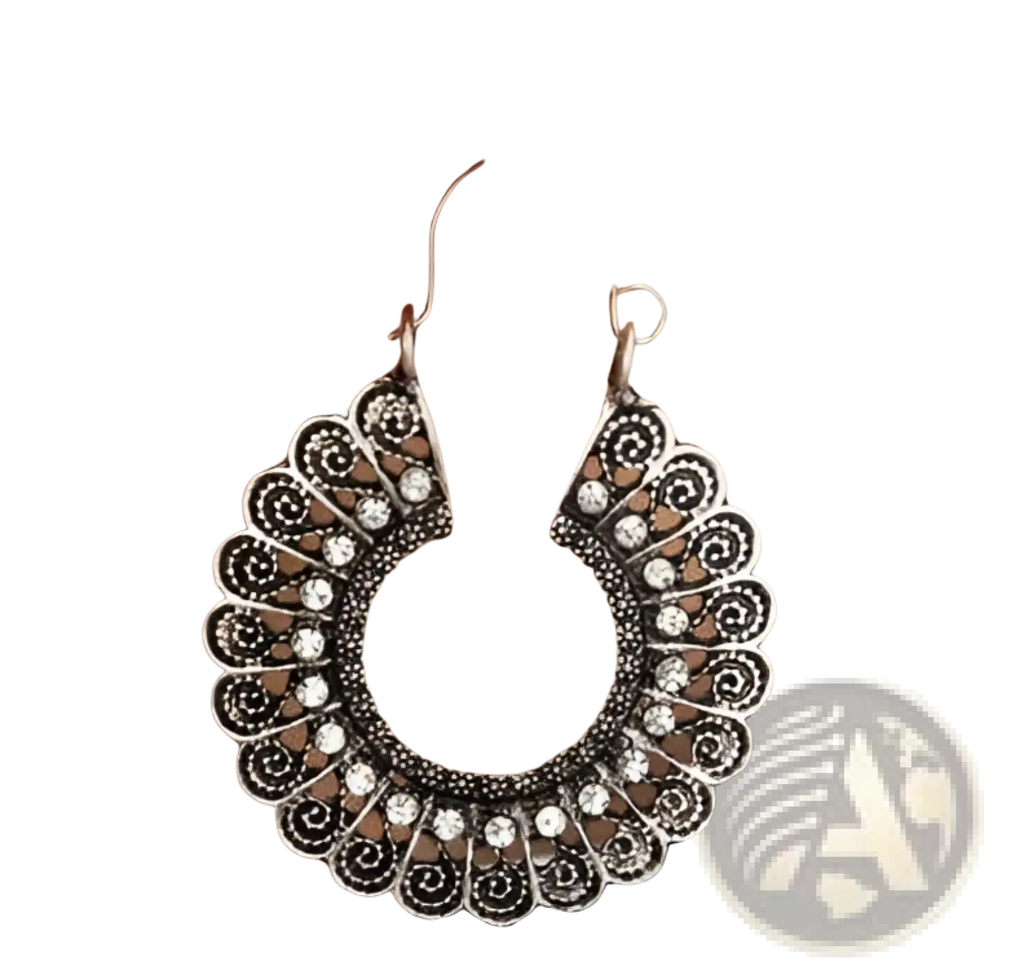 Silver filigree mandala crescent hoop earrings featuring silver-toned ornate filigree and clear crystal details