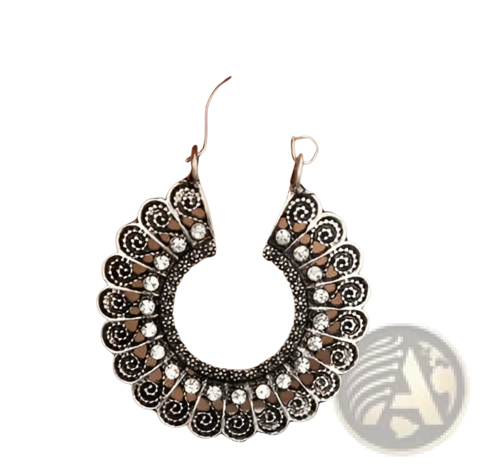 Silver filigree mandala crescent hoop earrings featuring silver-toned ornate filigree and clear crystal details