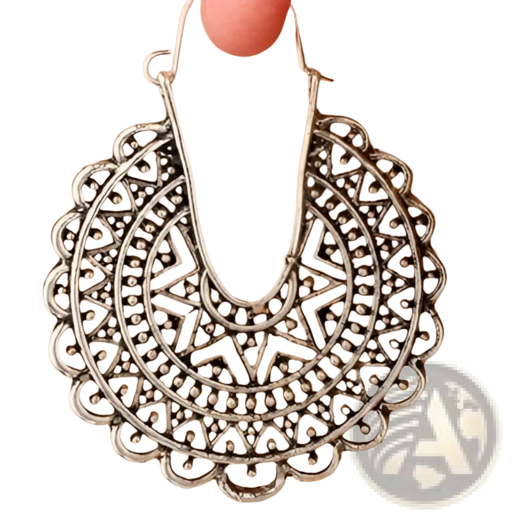 Silver filigree mandala crescent hoop earrings with intricate geometric patterns and delicate scalloped edges