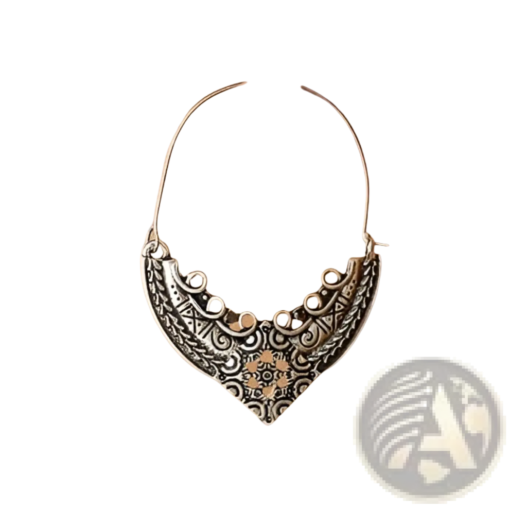 Silver filigree mandala crescent hoop earrings with intricate detailing and subtle gold accent at the center