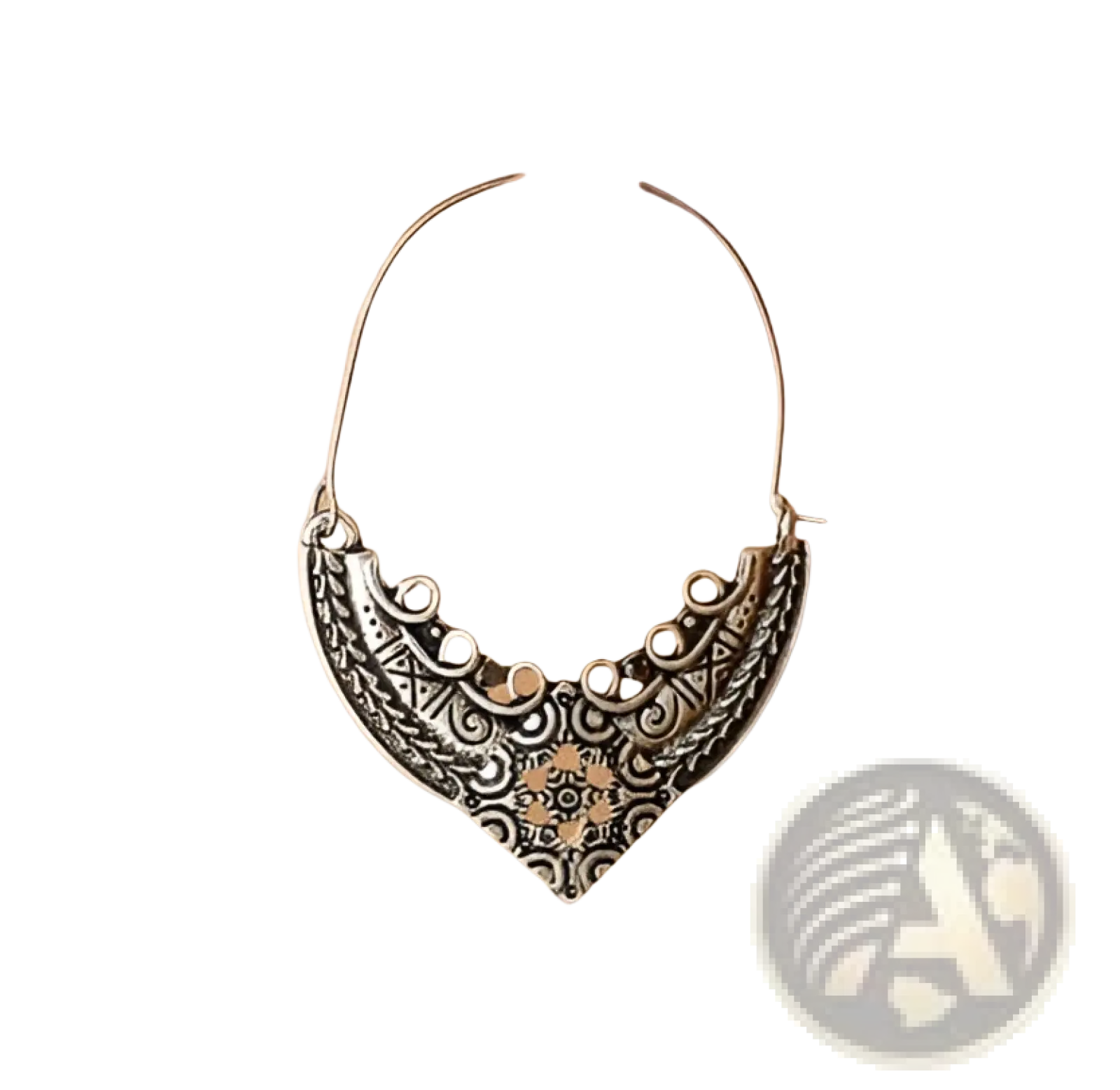 Silver filigree mandala crescent hoop earrings with intricate detailing and subtle gold accent at the center