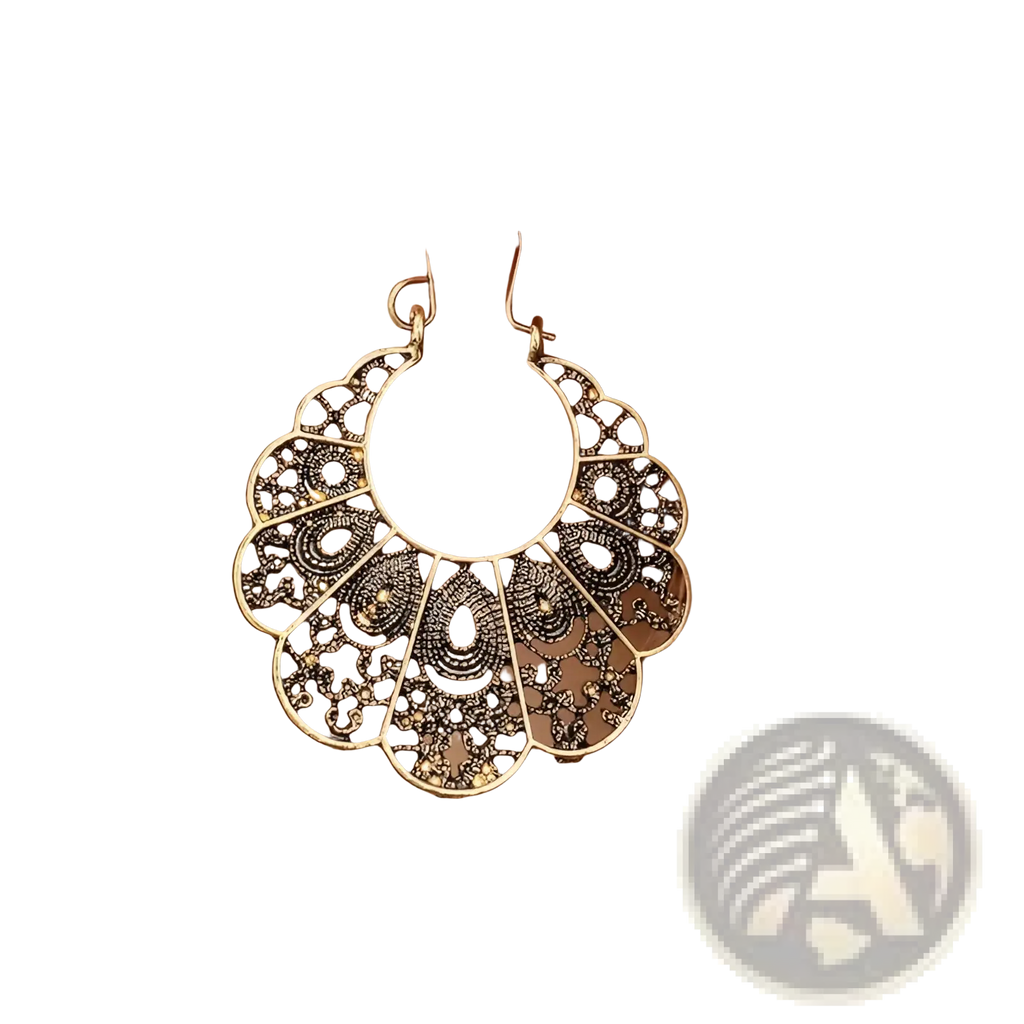 Gold-toned intricately filigreed hoop earring with scalloped fan-like design and dark inlaid patterns from silver filigree mandala crescent hoop earrings