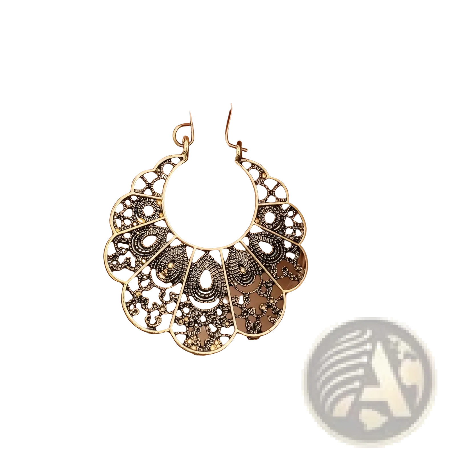 Gold-toned intricately filigreed hoop earring with scalloped fan-like design and dark inlaid patterns from silver filigree mandala crescent hoop earrings