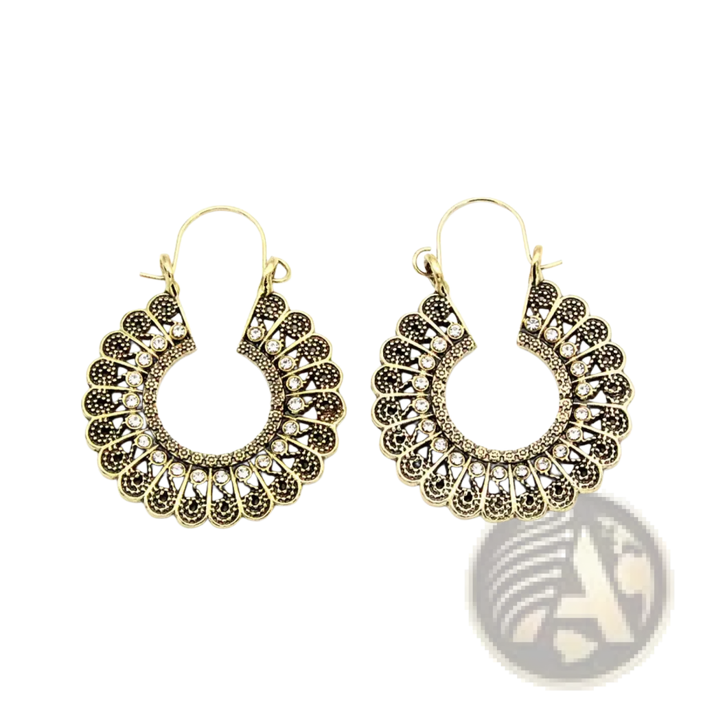 Silver filigree mandala crescent hoop earrings with antique gold-toned fan-like filigree and clear rhinestones