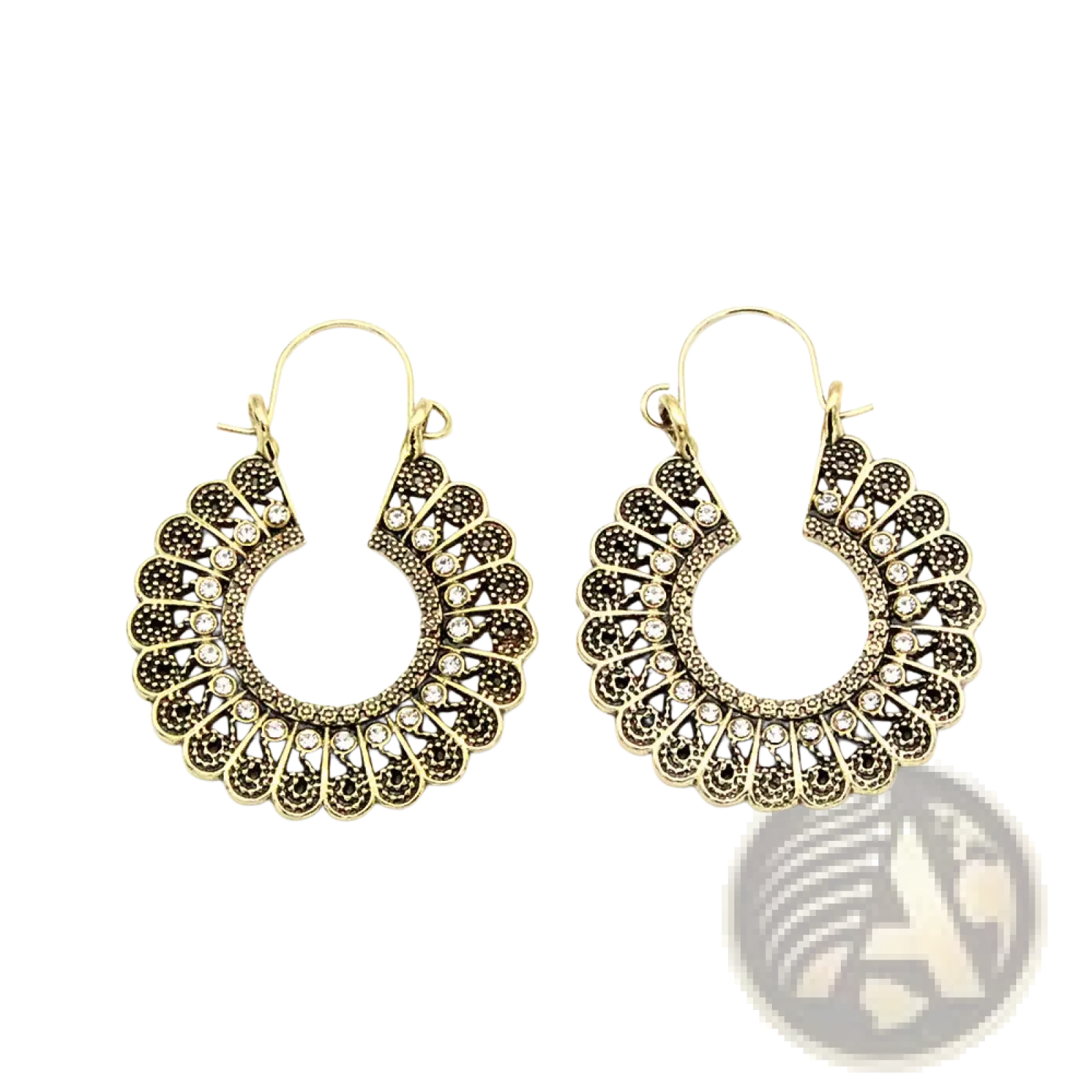 Silver filigree mandala crescent hoop earrings with antique gold-toned fan-like filigree and clear rhinestones