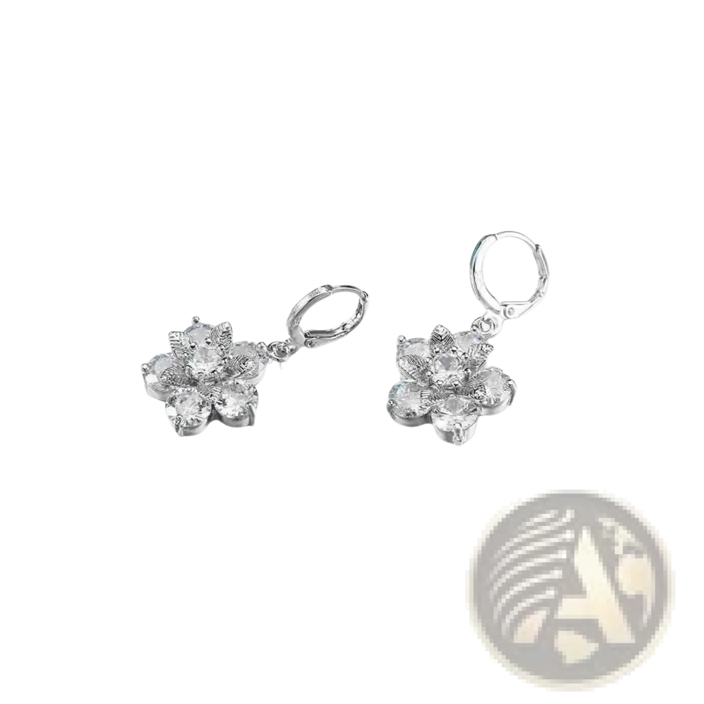Silver floral cz bridal earrings featuring flower shape clear crystal accents and a polished silver finish